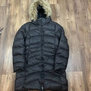 Marmot 700 Down Fill Long Puffer Coat Faux Fur Collar Black Women's M Parka